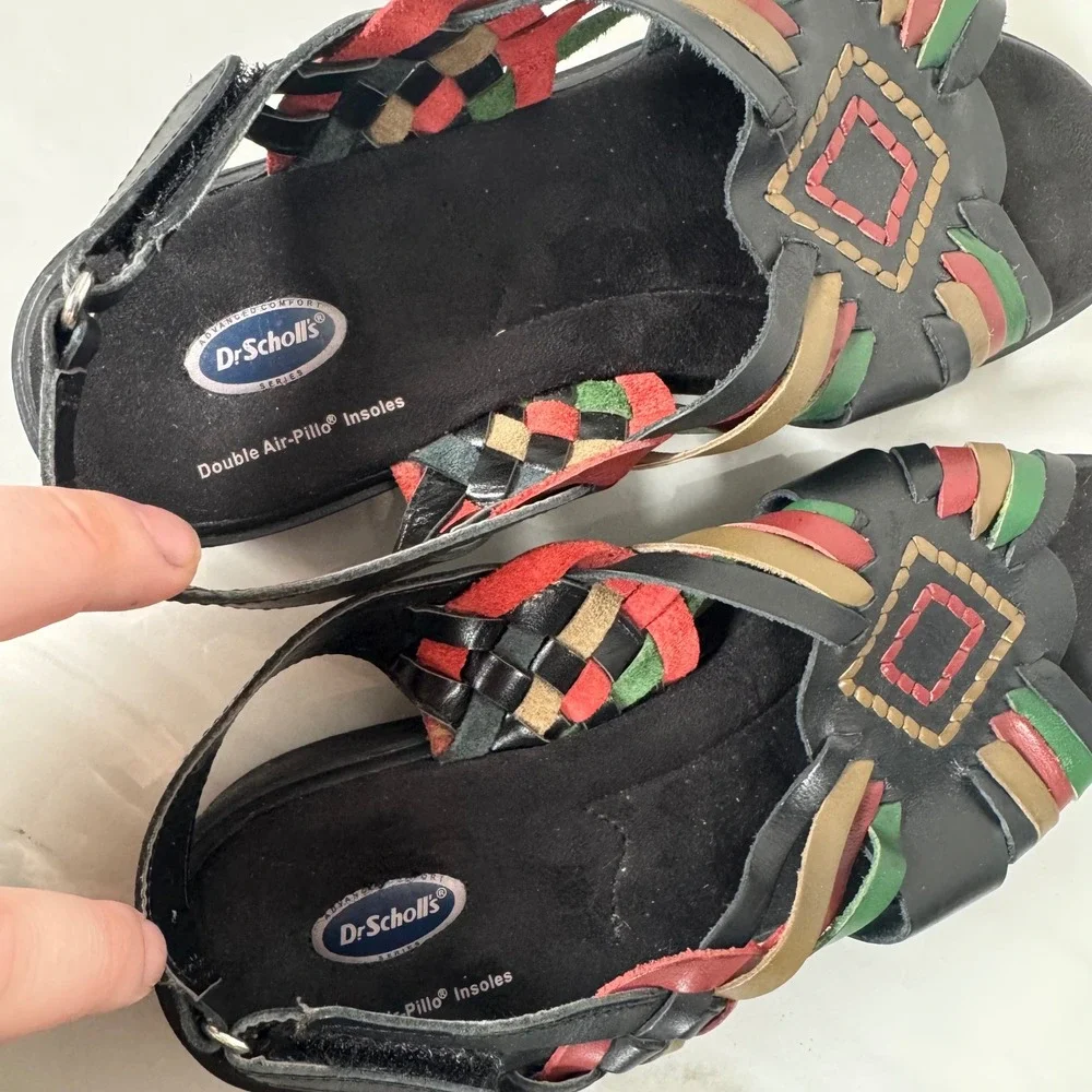 Vintage‎ Dr. Scholl's Huaraches Mexican Sandals Woven Black Leather Boho 7.5 W